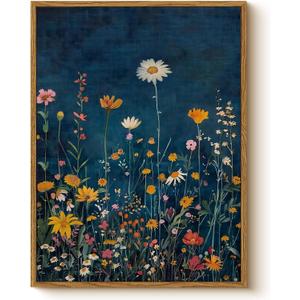 WHASAYART Botanical Floral Canvas Print 16x24 Framed Wildflower Wall Art, Rustic Dark Blue Colorful Flower Artwork, Vibrant Vintage Painting Living Room Kitchen Bedroom Hallway Home Decor