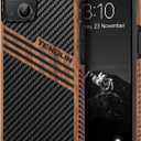 TENDLIN Compatible with iPhone 14 Case Wood Grain with Carbon Fiber Texture Design Leather Hybrid Slim Case (Three Stripe)
