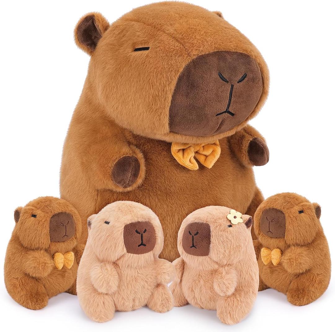 Achwishap 5PCS Capybara Plush,Capybara Stuffed Animal Mommy with 4 Capybaras Babies Plush Toy,Cute Plushie Capybaras Hugging Pillow Cuddle Plushie for Kids Girls Boys Birthday,Capy bara Family 16