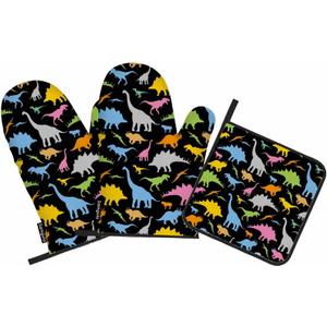 Colorful Dinosaur Oven Mitts and Pot Holders Sets Cute Animal Cartoon Heat Resistant 3pcs for Cooking Baking BBQ