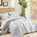 WONGS BEDDING Floral Quilt Set Queen Size, 3 Pieces Botancial Bedspread Coverlet Set, Lightweight White Quilt Bedding Set for Bed,Soft Microfiber Farmhouse Flower Bedding Set for All Season (96"x90")