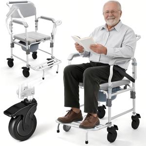 Shower Chair with 5" Enlarged Wheels, Bedside Commode, 330lbs | Heavy Duty Commode Toilet for Elderly, Waterproof Aluminum for Bath, Flip-Up Armrests&Footrests, Indoor Transfers&Safety Belt