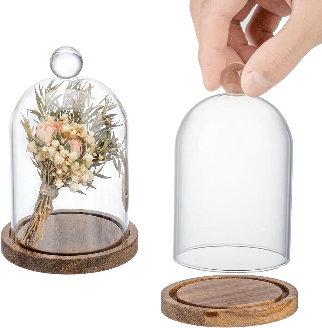 MyGift Mini Clear Glass Bell Display Cloches with Premium Acacia Solid Wood Base, Decorative Dome Cover Stands for Small Heirloom Jewelry Curios Keepsakes, Set of 2