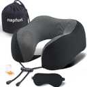 napfun Neck Pillow for Traveling, Upgraded Travel Neck Pillow for Airplane 100% Pure Memory Foam Travel Pillow for Flight Headrest Sleep, Portable Plane Accessories, Striped Black (Striped Black (Luxury Sets, With Eye Mask&earplugs))
