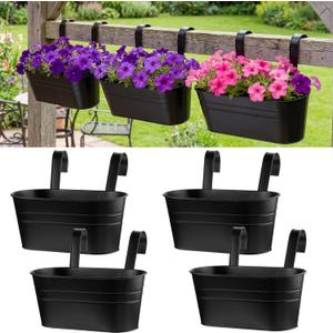 Hicarer Metal Hanging Flower Pots for Railing Fence, Large Hanging Rail Planters for Outdoor Window Balcony Plants Holder with Hooks for Garden Yard Home Decor(Black,4 Pcs)