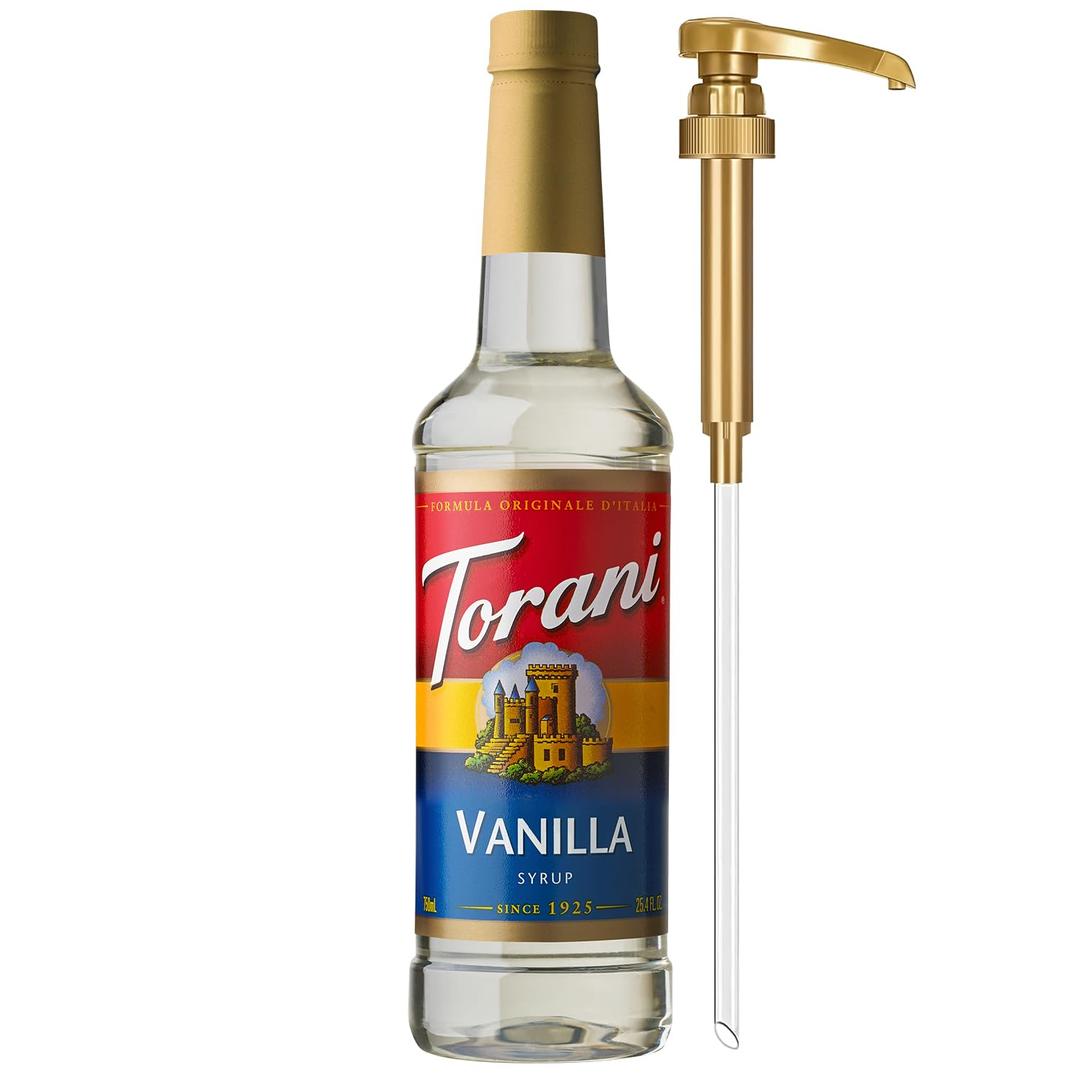 Torani Coffee Syrup, Vanilla Flavored Syrup for Drinks, Pump Included, 25.4 Fl Oz (EXP 04/10/27) Torani Coffee Syrup, Vanilla Flavored Syrup for Drinks, Pump Included, 25.4 Fl Oz (EXP 04/10/27)