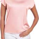 Wantschun Womens Silk Satin Shirt Casual Cap Short Sleeve Blouse Basic Round Neck Work Tops (Pink, L)