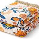 100% Cotton Boho Throw Blanket for Home Decor Classic Farmhouse Quilt Bedding, Muslin Blankets for Adults, Vintage Woven Decorative Blanket for Couch, Bed Layering Use, Botanic Floral, 90"x90", Queen