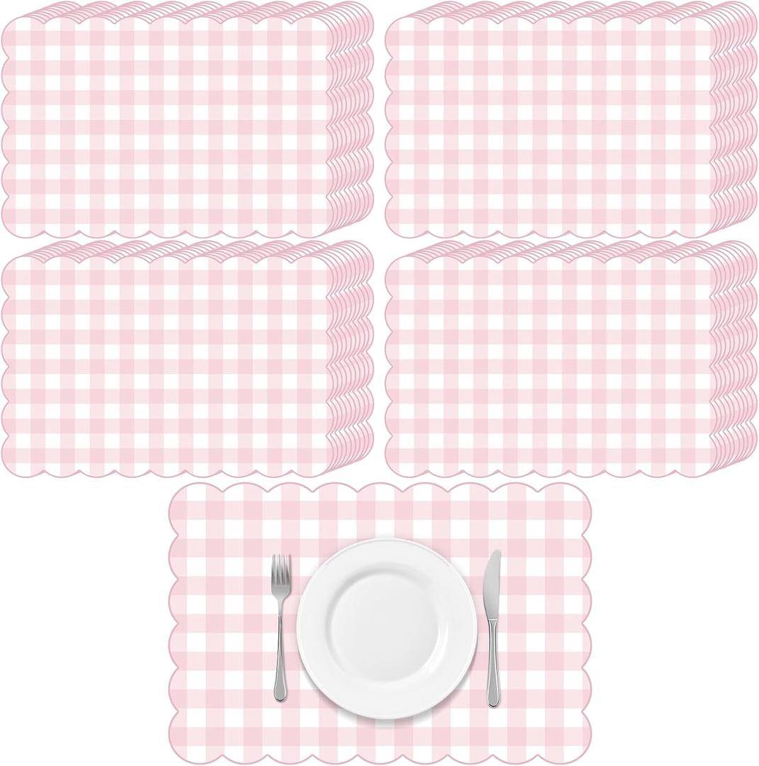 60 Pcs Pink Gingham Paper Placemat Party Supplies Gift Scalloped Table Placemat 17.7 X11.8 Inch Disposable Decorative Paper Mats Bulk for Valentine's Anniversay Baby Shower Wedding Banquet