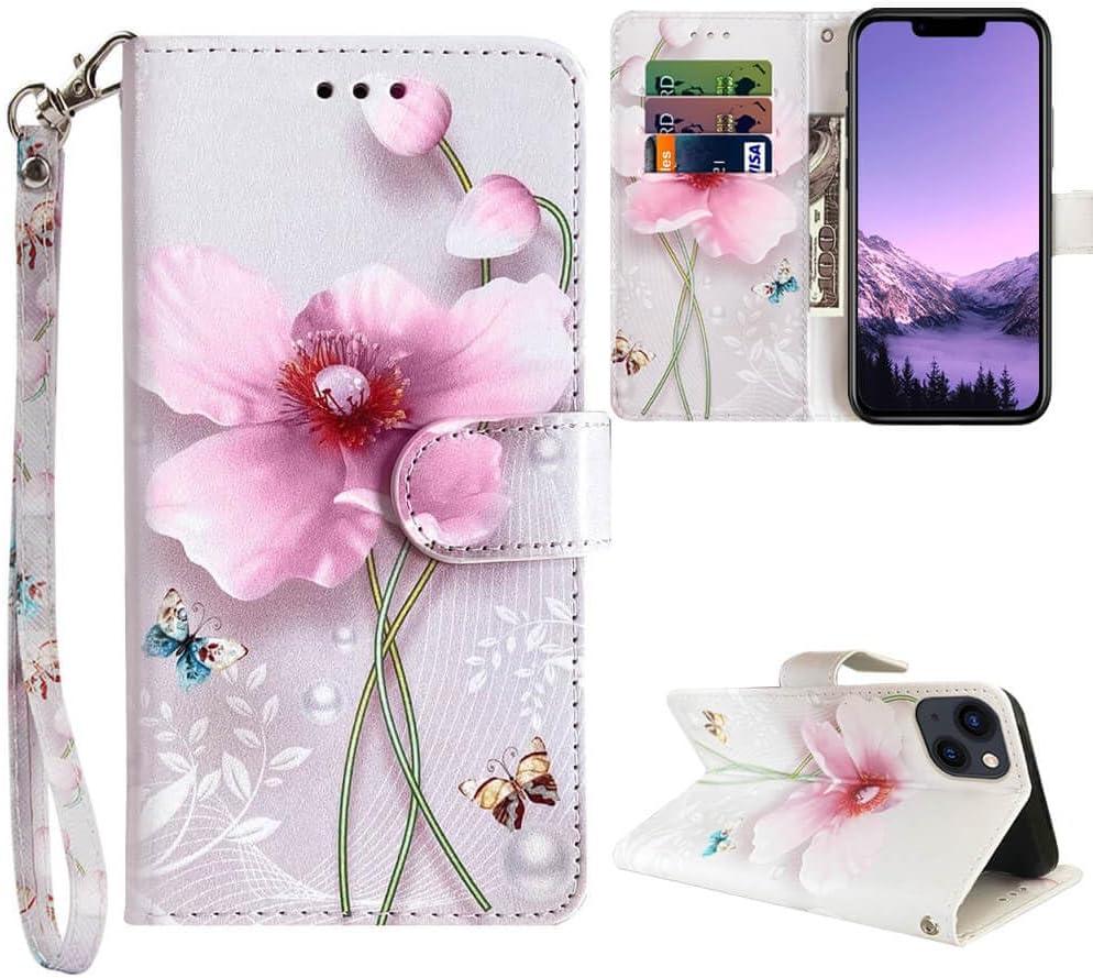 for iPhone 13 Wallet Case, for iPhone 14 Wallet Case, Floral Pattern PU Leather Cute Flip Cover Women Girl [Wrist Strap][Card Cash Slots][Kickstand] (Pearl Flower)