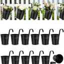 6 Inch Railing Planter for Outdoor Plants - 12 Pack Small Balcony Hanging Flower Pots with Detachable Hooks and Drain Holes Metal Oval Bucket Rail Box Fence Planters for Home Garden Decor, Black