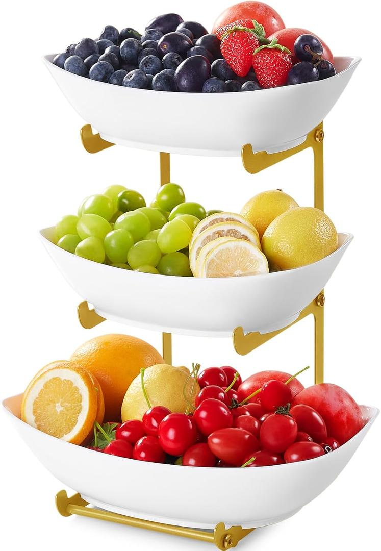 Lifewit Plastic Fruit Bowl Basket for Kitchen Countertop, 3 Tier Fruit Holder with Gold Metal Stand, Serving Tray for Food, Vegetable, Cake, Dessert in Party
