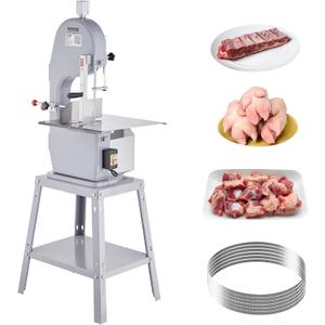 Commercial Electric Meat Bandsaw, 1500W Stainless Steel Vertical Bone Sawing Machine, Workbeach 19.3" x 15", 0.16-7.9 Inch Cutting Thickness, Frozen Meat Cutter with 6 Blades for Rib Pork Beef (Silver)