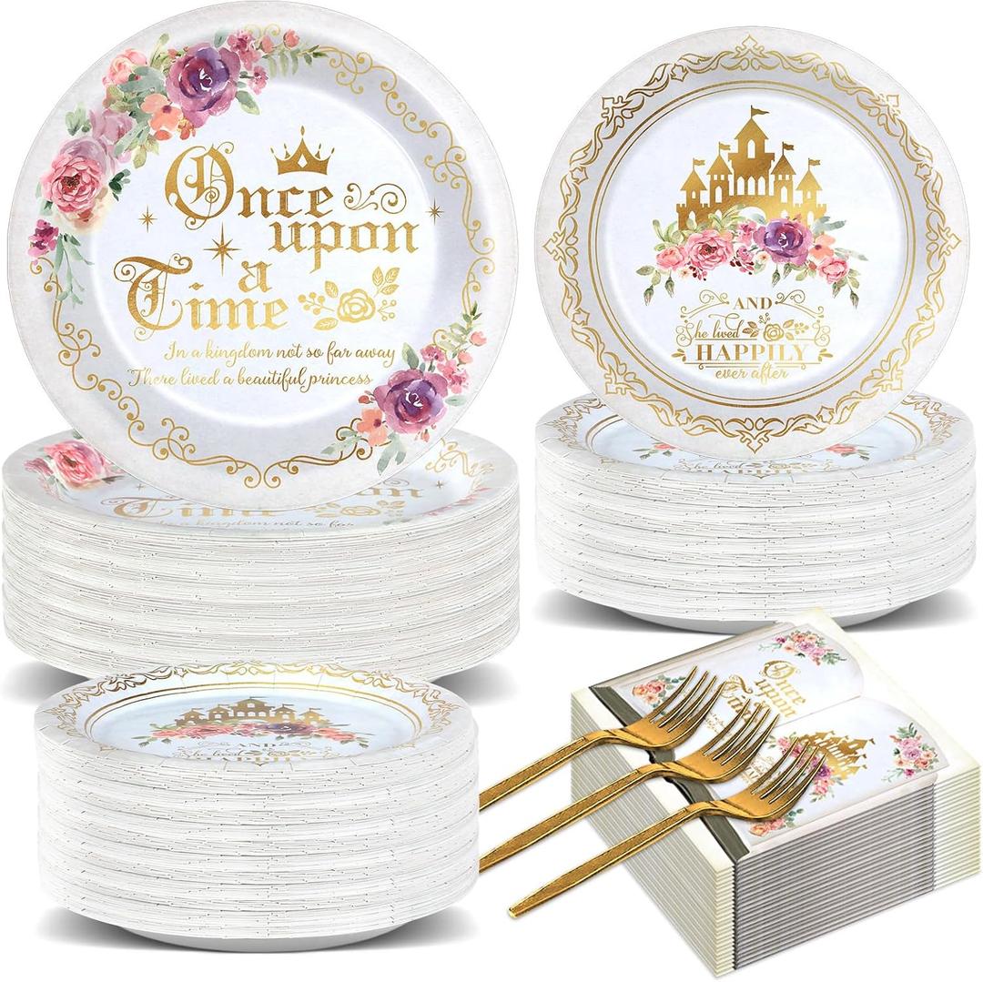 200PCS Fairytale Princess Plates and Napkins Once Upon a Time Party Tableware Set Plates for Wedding Girl Pink Floral Gold Castle Dinnerware for Birthday Party Baby Shower Decoration Supplies Serve 50