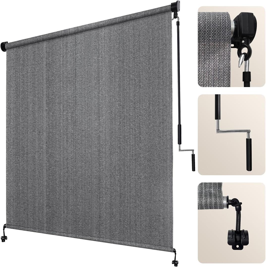 Artpuch Outdoor Roller Shade 8' W x 8' H, Gray Exterior Cordless Patio Shades Roll Up Blinds with Spliced Pole Design, (2 Poles, One-Piece Fabric), 96"W x 96"H