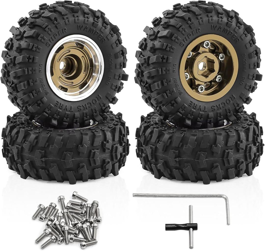 1.0" Aluminum Beadlock Wheels and Tires for 1/24 Axial SCX24, 1/18 TRX4M RC Crawler  Upgrade Set (Bronze)