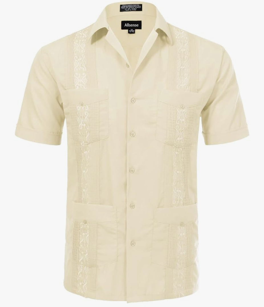 Allsense Men's Short-Sleeve Button-Down Cuban Guayabera Shirt 4XL IVORY