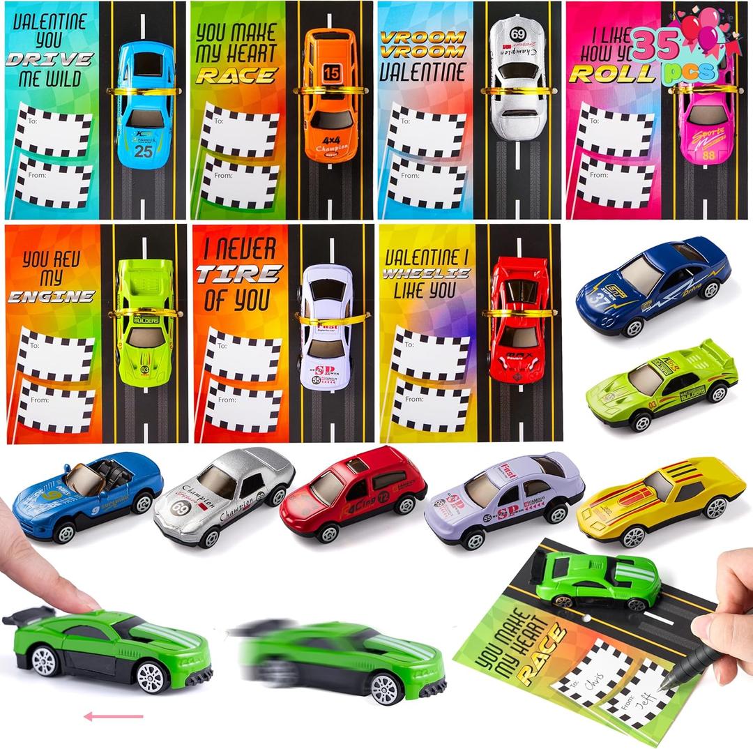 JOYIN 35 Valentines Day Die-Cast Racing Cars Gift Cards for Kids with Valentines School Classroom Exchange Greeting Cards, Vehicle Party Favor Toy Supplies