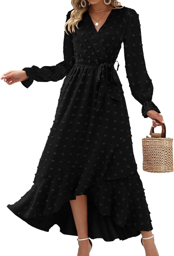 BTFBM Long Sleeve Maxi Dresses for Women V Neck Swiss Dot Boho Flowy Slit Cocktail Wedding Guest Dress Fall Clothes 2025 (Large, Black)