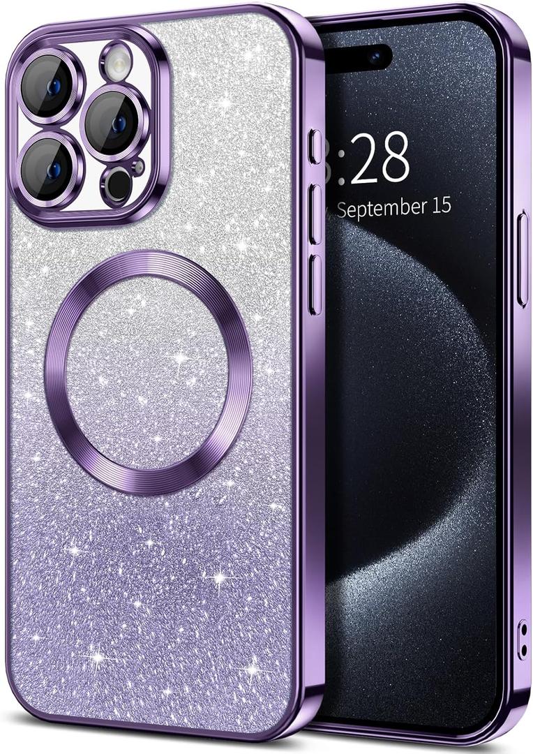 Hython for iPhone 15 Pro Max Case Clear Magnetic Glitter Phone Cases [Compatible with MagSafe] Full Camera Lens Protector Slim Gradient Sparkle Luxury Plating Shockproof Protective Cover Women, Purple