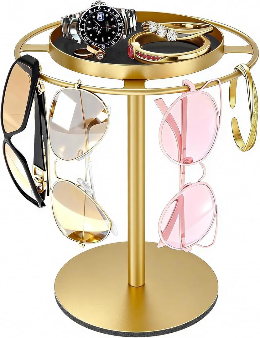 LSK Metal Sunglasses Organizer, Glasses Holder Stand with Storgae Tray, Eyeglasses Holder with Anti-Slip Pads for Tabletop, Desk, Dresser, Gold