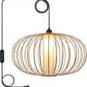 LALISU Plug-in Pendant Light Rattan Hanging Lamp, Boho Hanging Lights with Woven Lampshade, 3-Way Dimmable & Timmer Setting Ceiling Light Fixture for Living Room, Bedroom, Farmhouse (Bamboo Round)