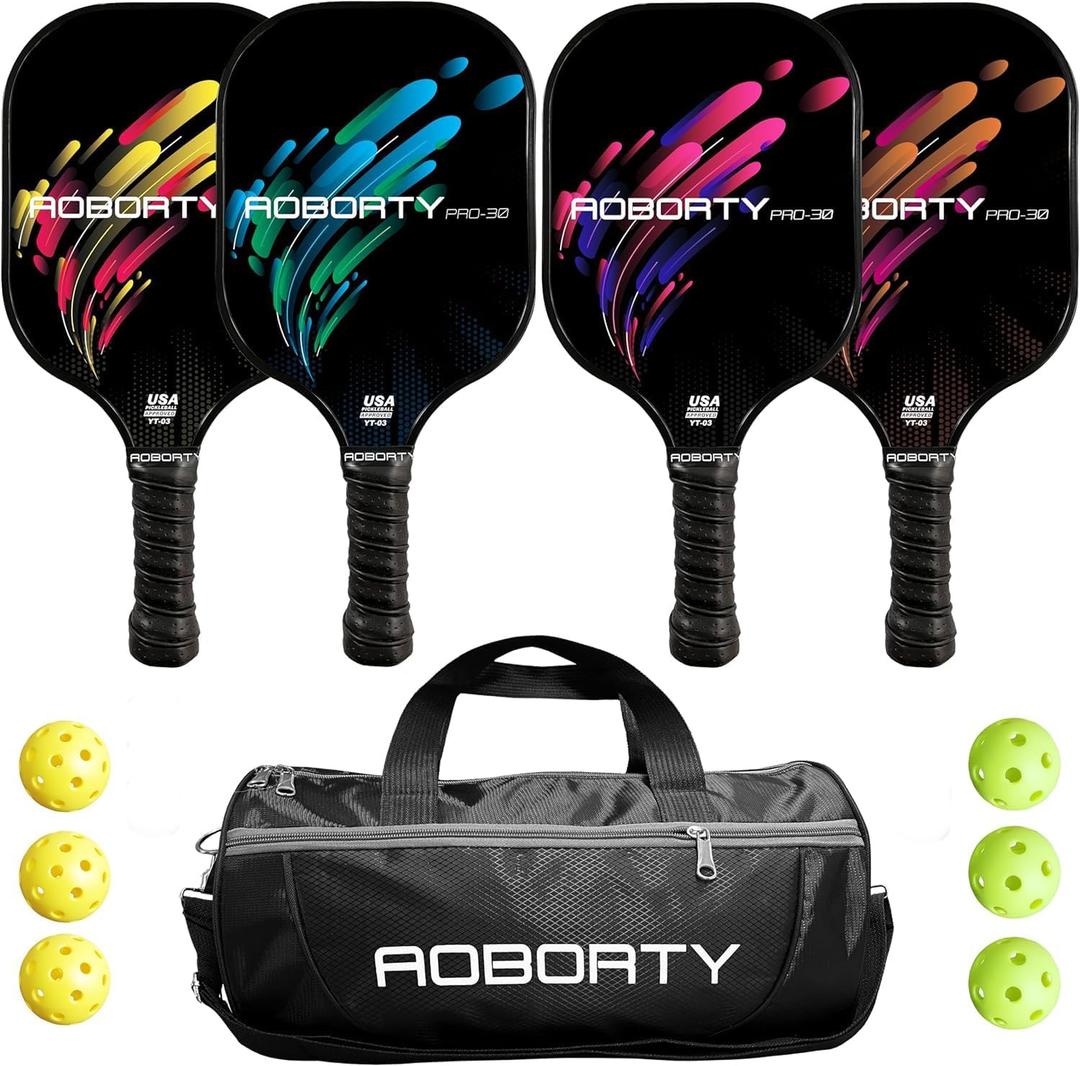 AOBORTY Pickleball Paddles 4 Pack - USAPA Light Graphite Premium Rackets Fiber Face & Polymer Honeycomb Core Pickleball Set with 4 Outdoor Indoor Balls Including Portable Carry Bag