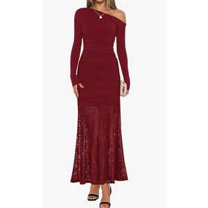 ZESICA Women's Long Sleeve Off Shoulder Bodycon Dresses Fall 2026 Ruched Lace Wedding Guest Cocktail Formal Maxi Dress M