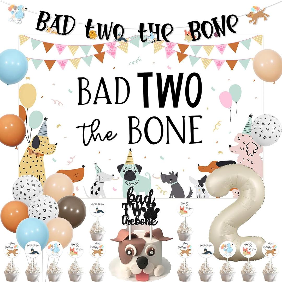 Bad Two The Bone Party Decorations, Dog 2nd Birthday Party Decorations Backdrop Banner Cake Cupcake Toppers Paw Print Balloons for Bad 2 The Bone 2 Year Old Puppy Themed Birthday Party