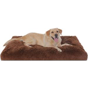 Bedfolks Waterproof Crate Pad, Plush Faux Fur Kennel Bed for Extra Large Dogs, Removable Cover, Fluffy Washable 41"x27", Solid Brown