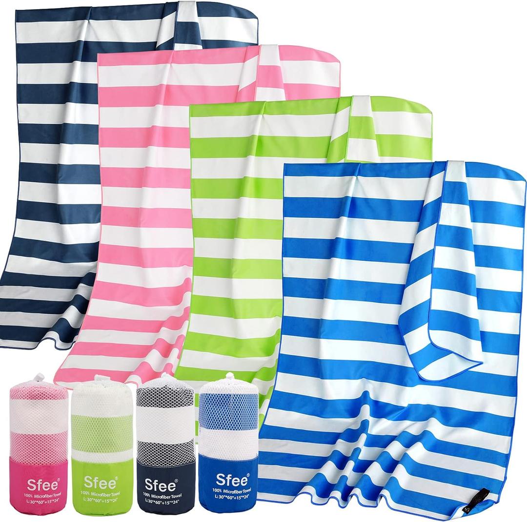 Sfee 2 in 1 Microfiber Beach Towel, Quick Dry Towel Travel Camping Towel Super Absorbent Compact Lightweight Sports Gym Towels Set for Beach, Gym, Hiking, Pool, Backpacking, Bath, Yoga (Dark Blue Stripe), Size: L 60"x30"+24"x15"