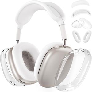 Silicone Case Cover for AirPods Max Headphones,Clear Soft TPU Ear Cups Cover/Ear Pad Case Cover/Headband Cover Transparent Accessories for Apple AirPods Max (2024/2020)(USB-C/Lightning),White [4 in 1]