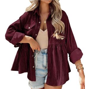 Womens Corduroy Peplum Shirts Tops Cute Long Sleeve Button Down Blouses with Pockets (Medium, Burgundy)