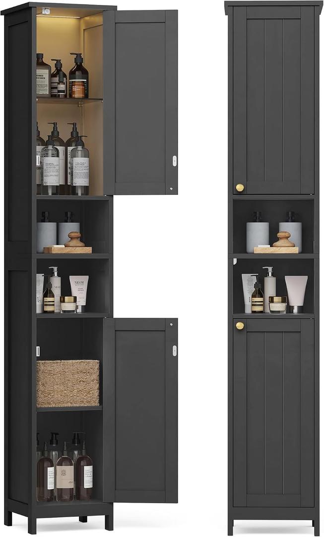 VASAGLE Tall Storage Cabinet with Lights, Slim Freestanding Cabinet with Adjustable Shelves, for Small Spaces, Bathroom, Living Room, Modern, 11.8 Inches Wide, Ink Black UBBK566BC01S, 11.8"D x 11.8"W x 66.9"H