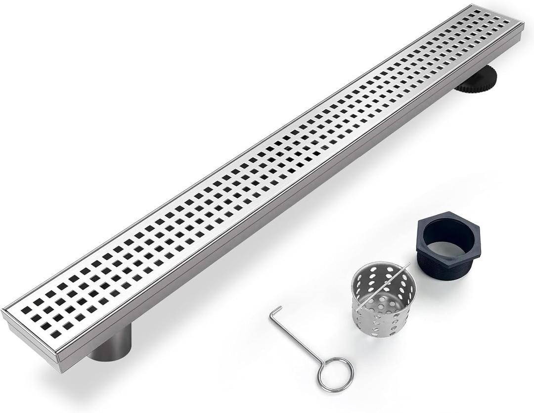 Offset Linear Shower Drain, Shower Drain 32 inch with Removable Grate Cover, Professional AISI 304 Stainless Steel Side Outlet Shower Floor Drain with Hair Catcher and Leveling Feet (Brushed Grid)