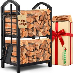 AMAGABELI GARDEN & HOME Firewood Rack Indoor with Tools 5-Piece Fireplace Tools Set Wood Holder Outdoor Wrought Iron Log Holder Firewood Storage Rack for Fireplace,Fire Pit,Wood Stove Black