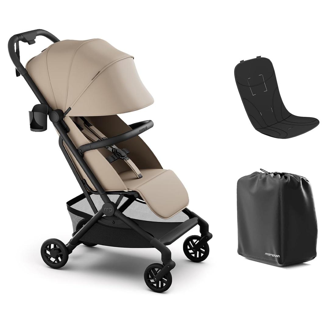 Mompush Velo Lightweight Travel Stroller, Compact & Airplane-Friendly for Baby and Toddler, Lie-Flat Seat, One-Hand Fold, with Leather Bumper Bar, Shoulder Strap, Raincover, Storage Bag & Cup Holder