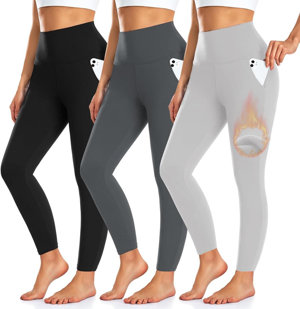 3 Pack Fleece Lined Leggings Women with Pockets -Warm Winter Yoga Pants for Women Thermal Running Workout Leggings (Large-X-Large, Black/Grey/Light Grey)