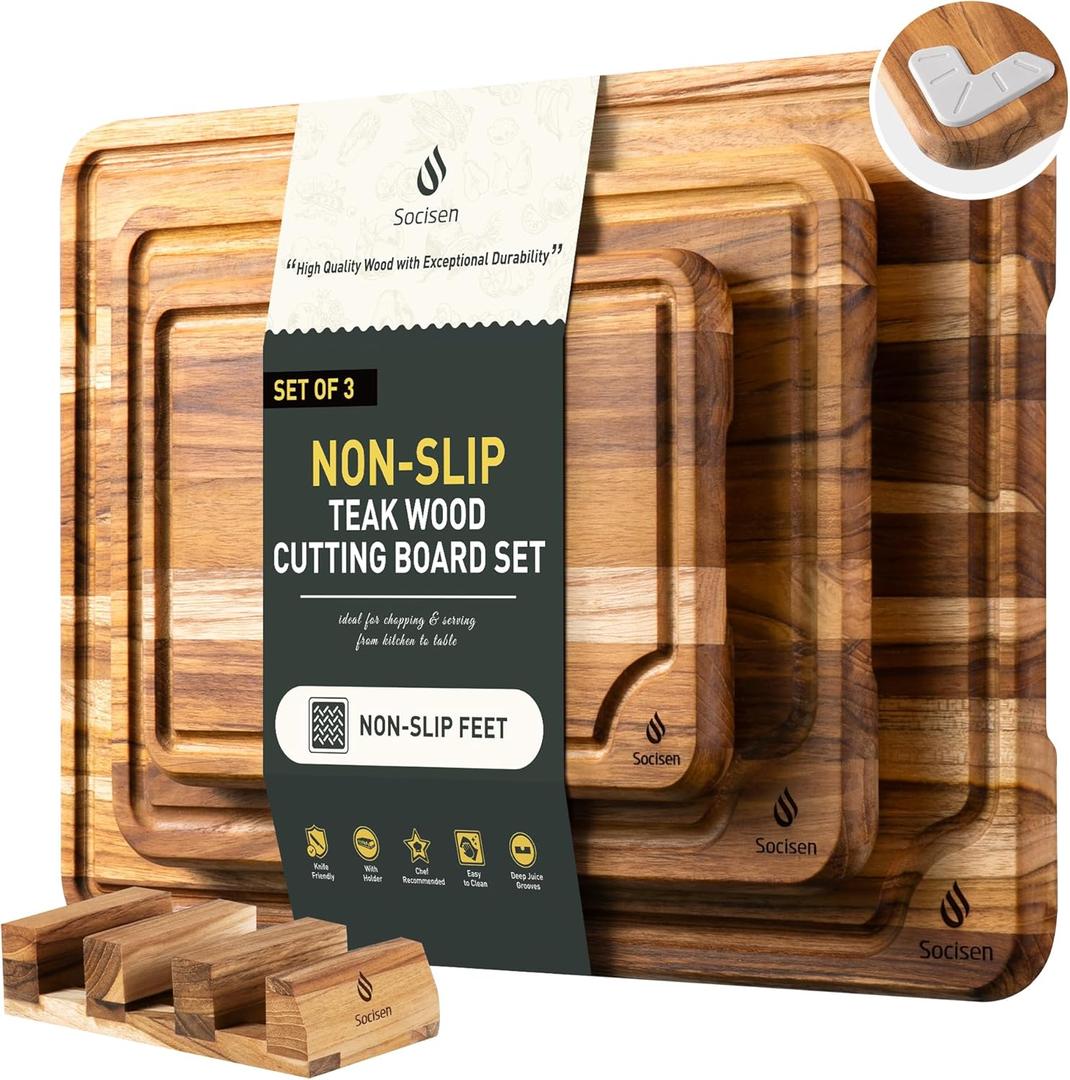 3 Pack Teak Wood Cutting Board Set for Kitchen Charcuterie Board Serving Heavy Duty Non Toxic Slip Over Sink Solid Thick Haus Wooden Chopping Board Large Big Small Meat Best Kitchen Essential Gift (Multi-Size Set | 3 Pack with Holder)