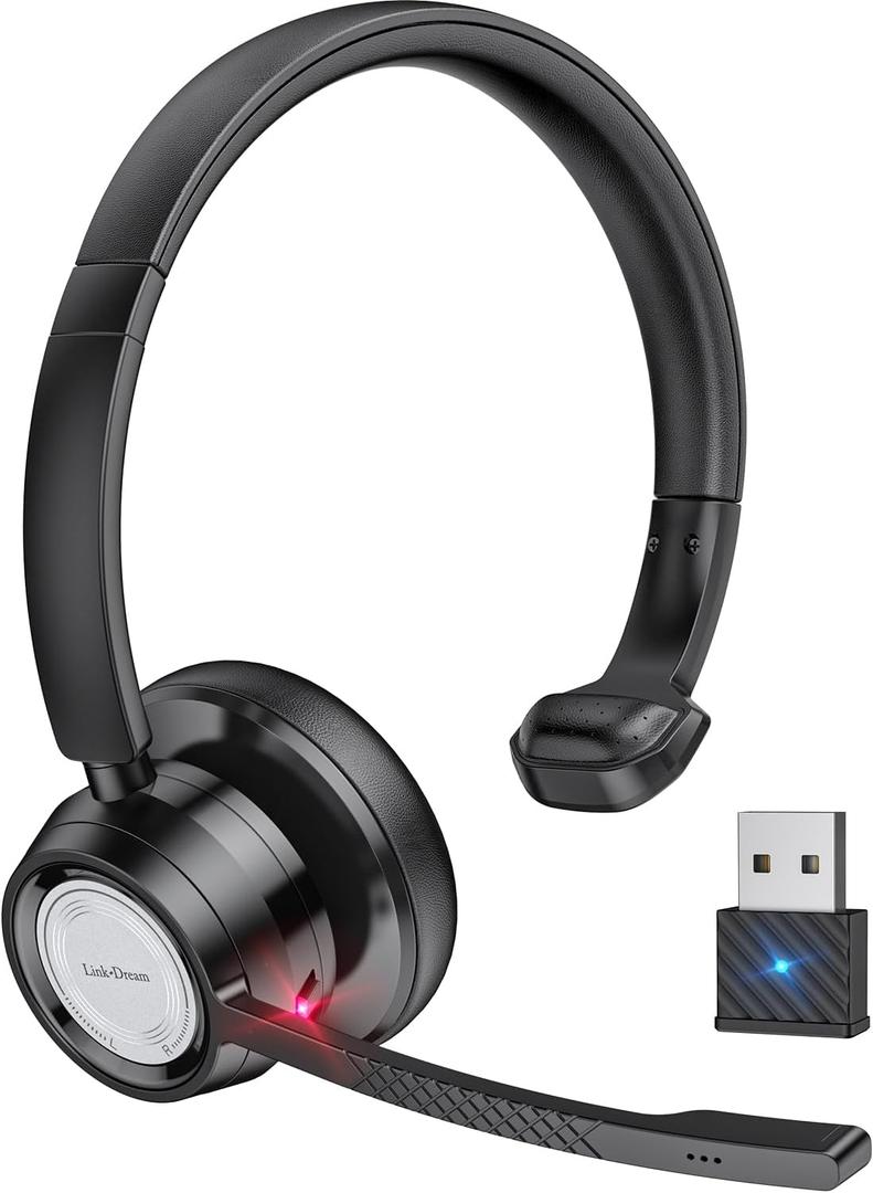 Link Dream Trucker Bluetooth Headset 20H Talktime Wireless Headset with 270Rotatable Noise Cancelling Microphone USB Dongle for Online Meeting, Office Home, Call Center, Computer, Cell Phone (BH60)