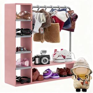 Doll Clothes Closet with 10 Hangers, Pink & Gray Color Block Doll Accessories Display Wardrobe, Compatible with Fasion Doll Clothes,Portable Storage for Figures,Gift
