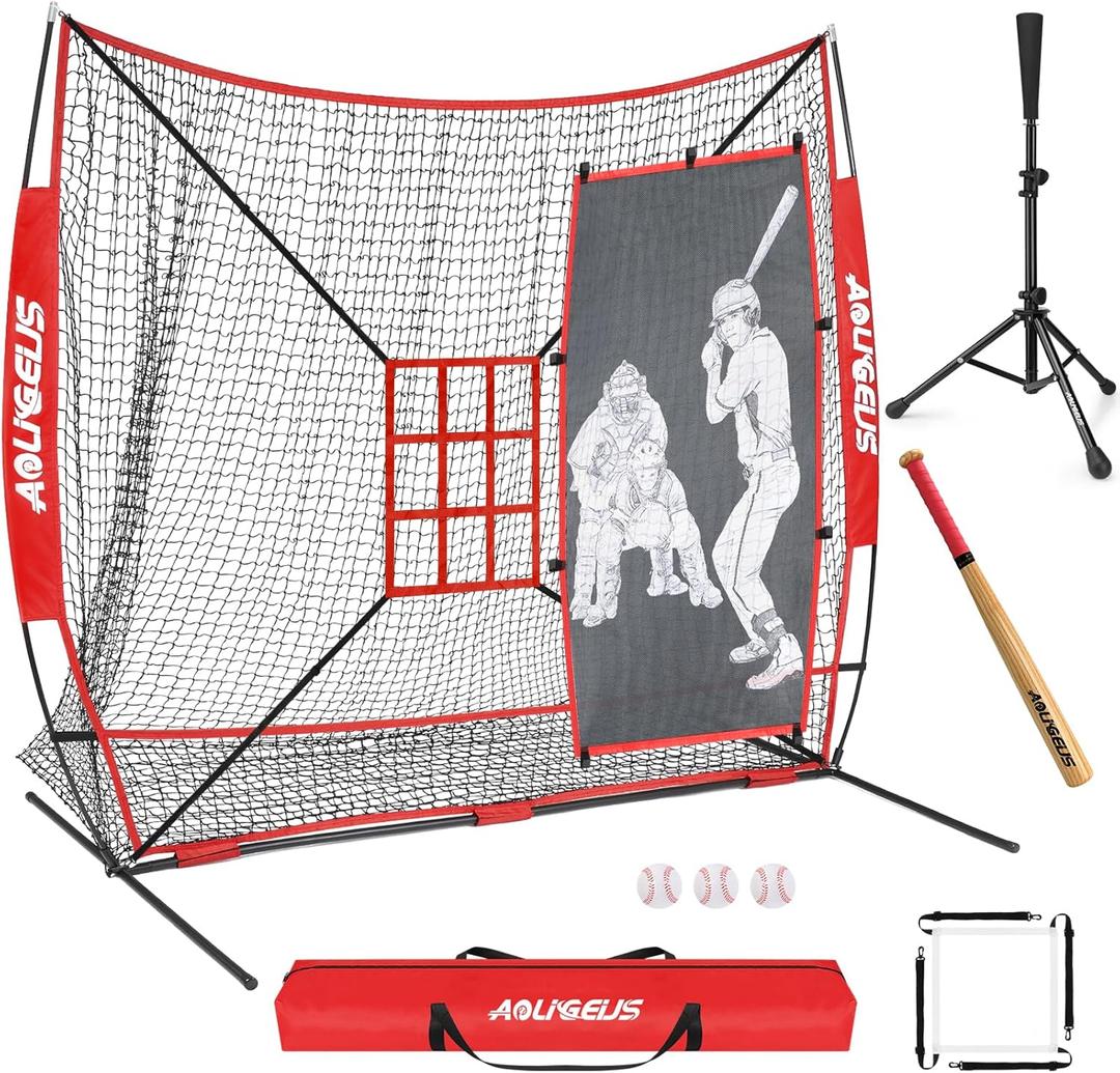 7'X7' Softball Practice Net - Pitching & Batting Net with Baseball Tee, Batter Dummy, Strike Zone & Bow Frame