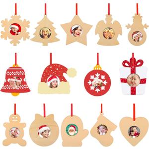 Jetec 14 Pieces Christmas Picture Frame Ornaments Unfinished Wood Ornaments to Paint Christmas Hanging Decor for Holiday Picture Frame DIY Presents and Xmas Tree Decoration, (Wood Color)