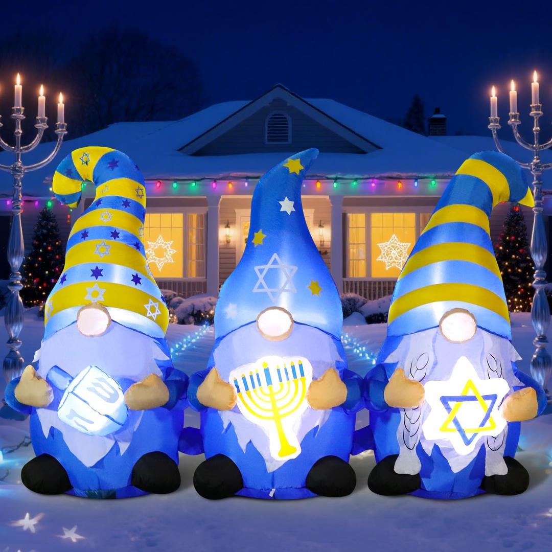 DomKom 6FT Long Hanukkah Inflatable Outdoor Decorations, Chanukah Gnomes Holding Star of David, Dreidel and Menorah Blow up, Build-in for Party Yard Holiday Decor