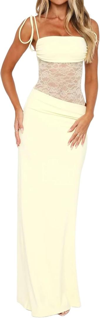 Women's Lace Splicing Cutout Maxi Dress Square Neck Sleeveless Bodycon Long Dress with Sheer Corset (Medium, Lemon)