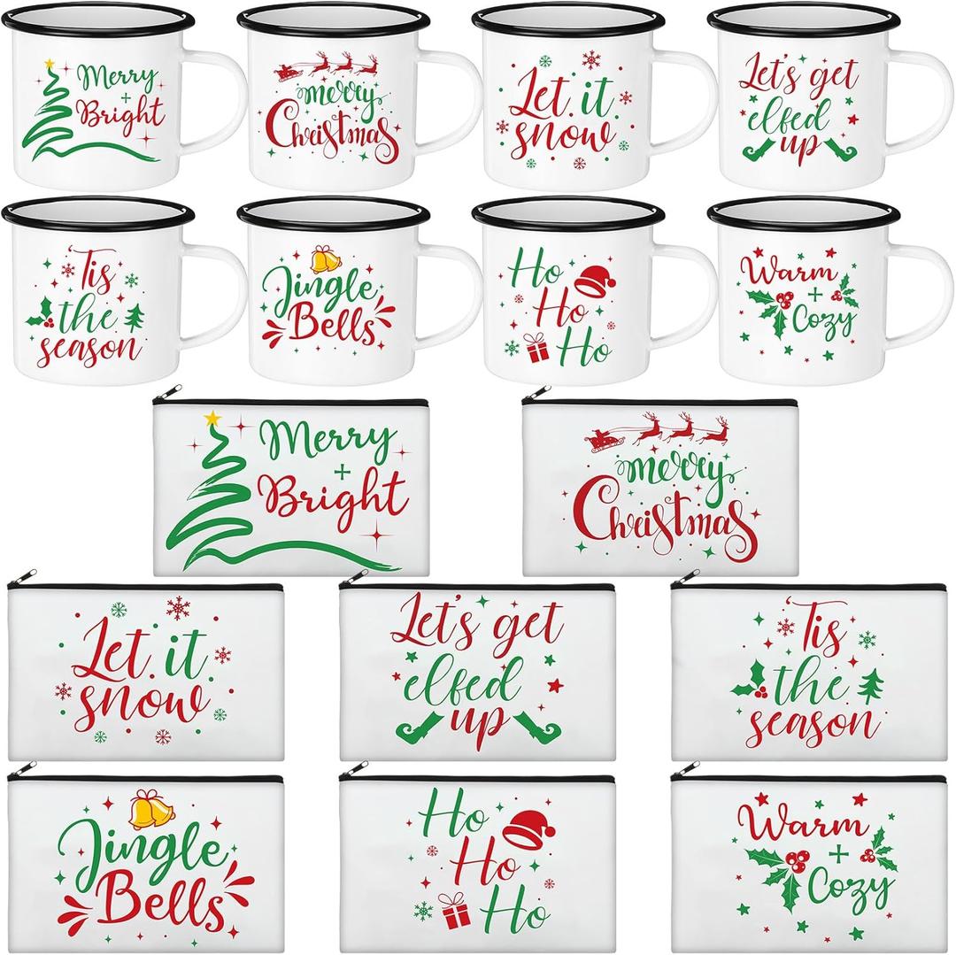 Honeydak 16 Pcs Christmas Gifts Set, 8 Enamel Coffee Mug and 8 Holiday Makeup Bag, 12 oz Mug and Pouch Bulk for White Elephant, Secret Santa, Coworker Employee Holiday Exchange(Red and Green,Classic) (Multicolor)