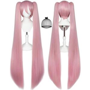 47 inch/ 120 cm Long Pink Wig with Bangs Peluca Rosa Anime Cosplay Wigs with 2 Ponytails for Women Synthetic Pink Hair Pigtail Wig Long Straight Wigs for Halloween Costume Party + Hair Cap
