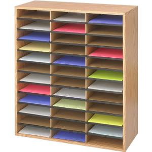 Safco Literature Organizer, 36 Compartments, Office and Classroom Mailbox with Adjustable Shelves, Wood Paper and Mail Sorter, Medium Oak, 34.5" x 29" x 12"
