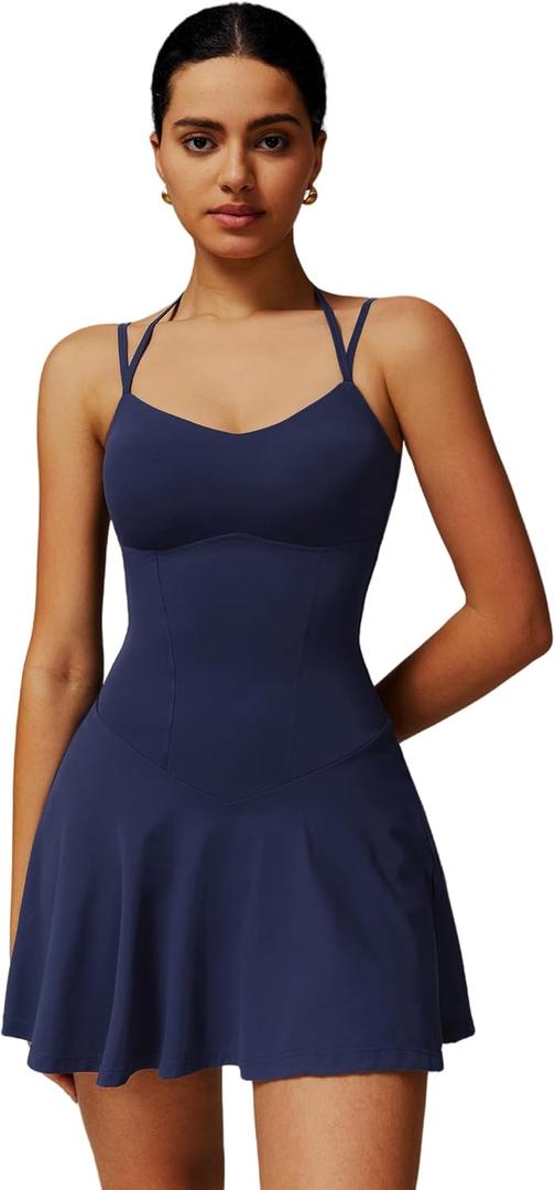 Tennis Dress for Women with Built in Shorts Spaghetti Straps 2-in-1 Ruffle A-line Active Yoga Golf Dress XS