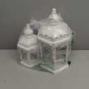 Lanterns Decorative Outdoor&Indoor, Set of 2 (15"&11") White Metal Lantern Decor with Glass, Candle Holder for Porch, Patio, Garden, Balcony, Wedding, Table Centerpiece